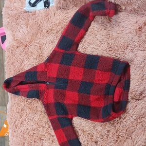 A fuzzy red and black plaid halfway zip up